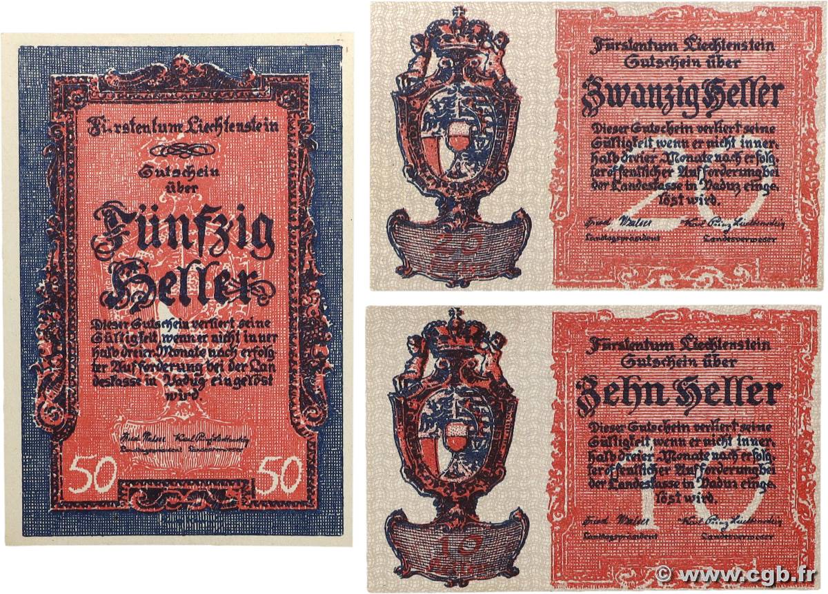 10, 20 et 50 Heller Lot LIECHTENSTEIN  1920 P.01, 02 et 03 fST+
