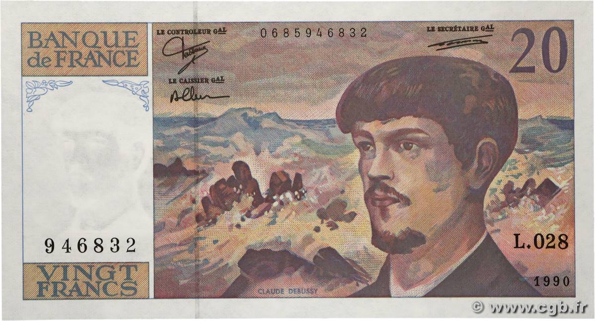 20 Francs DEBUSSY à fil de sécurité FRANCIA  1990 F.66bis.01 SC+