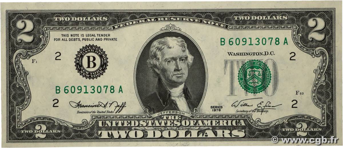 2 Dollars ÉTATS-UNIS D&nbsp;AMÉRIQUE New York 1976 P.461 NEUF