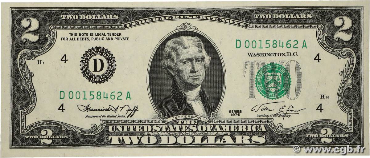 2 Dollars ÉTATS-UNIS D&nbsp;AMÉRIQUE Cleveland  1976 P.461 NEUF