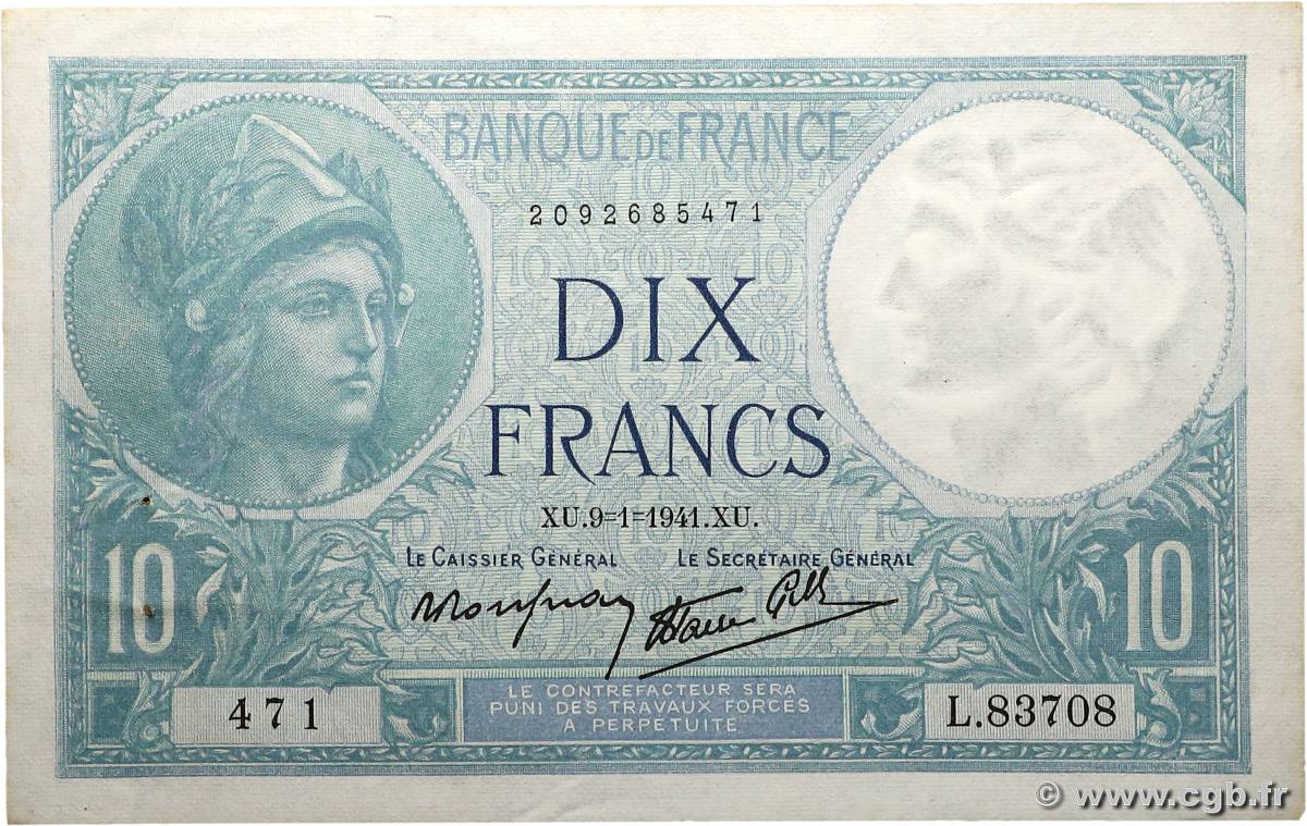 10 Francs MINERVE modifié FRANCE  1941 F.07.27 SUP
