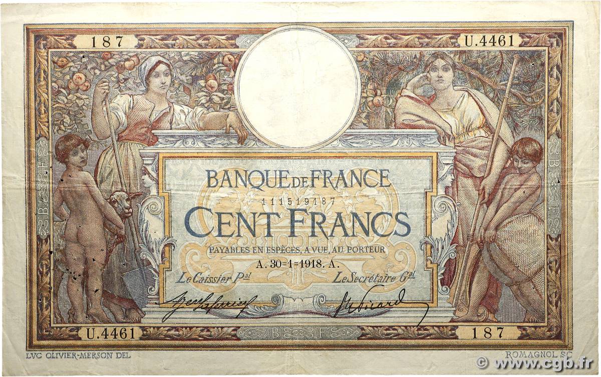 100 Francs LUC OLIVIER MERSON sans LOM FRANCE  1918 F.23.10 TB