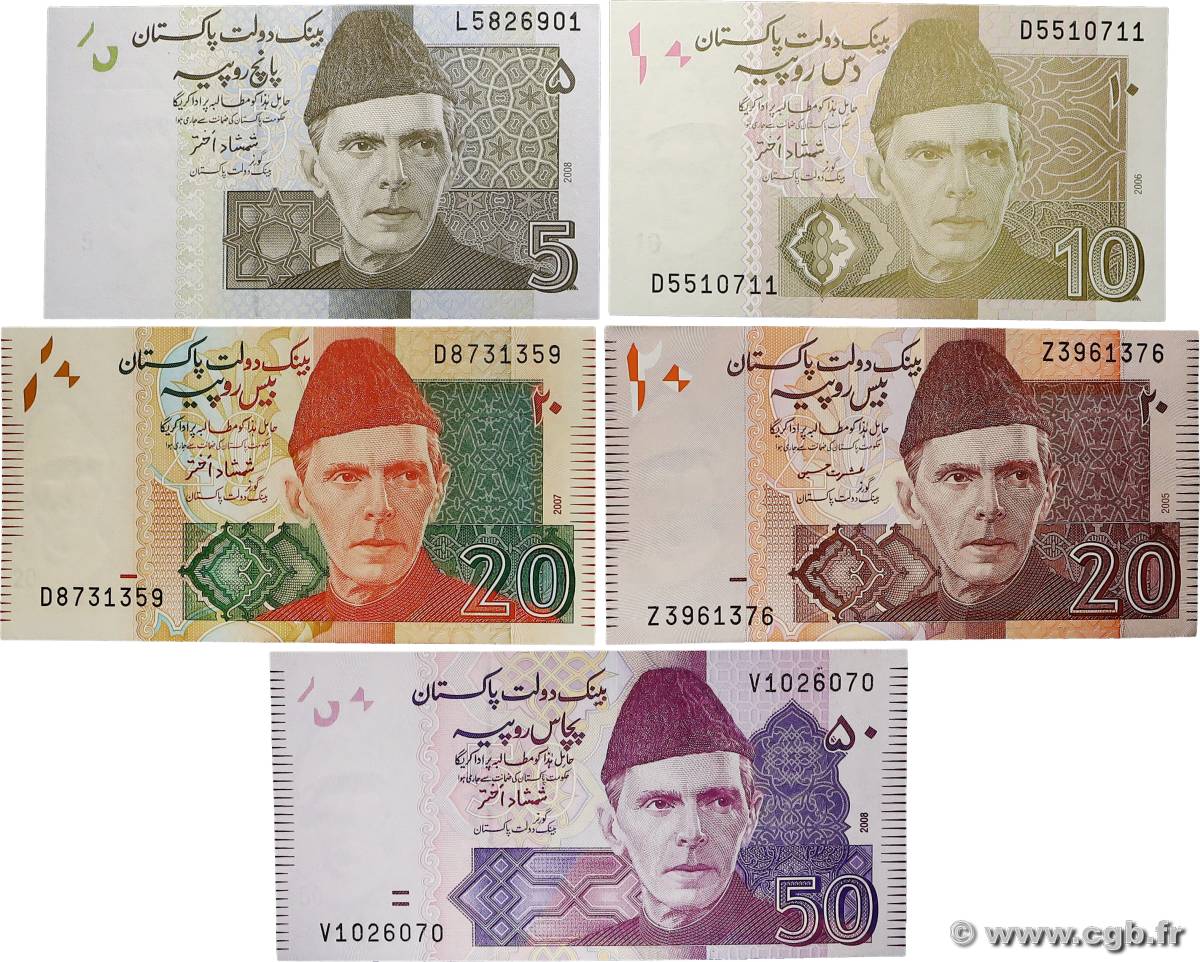 5 à 50 Rupees Lot PAKISTAN  2008 P.45a, P.46a, P.47b, P.53a et P.55a NEUF