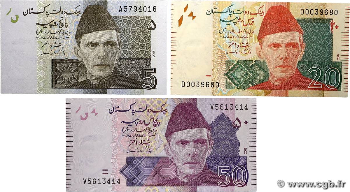 5 à 50 Rupees Lot PAKISTAN  2008 P.53a, P.55a et P.47b NEUF
