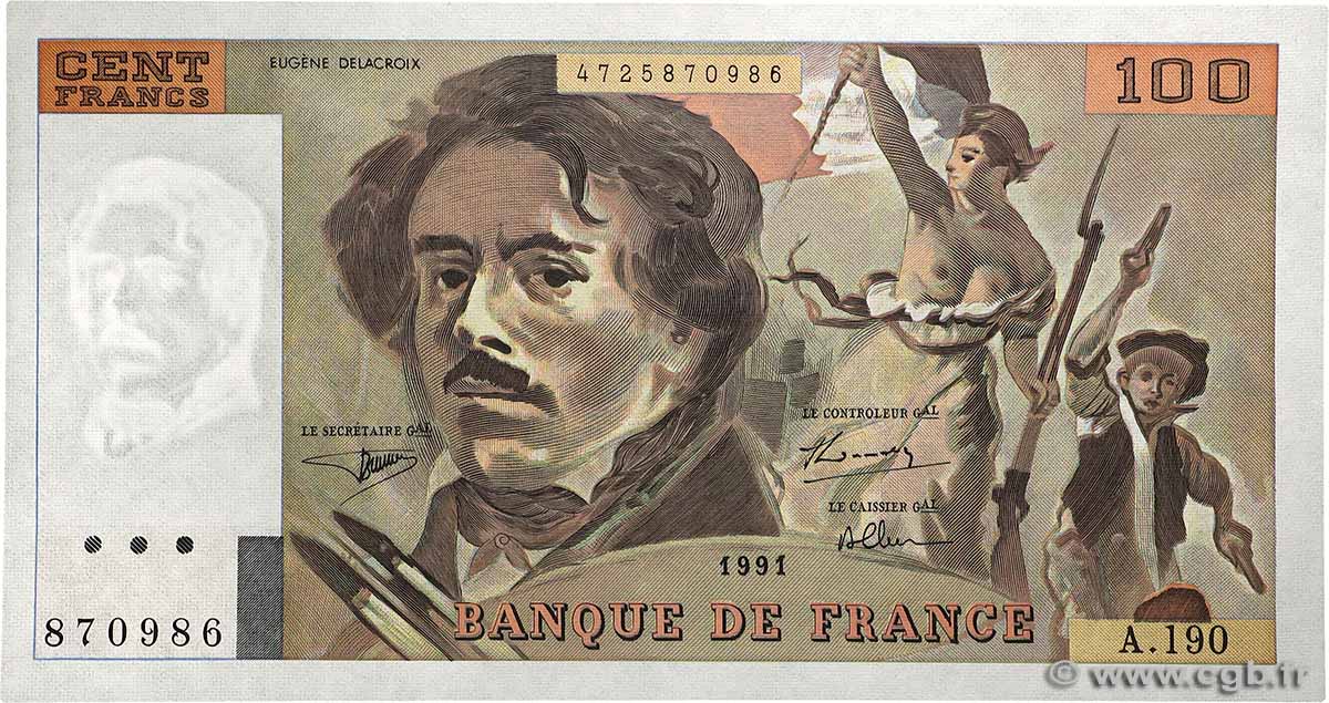 100 Francs DELACROIX imprimé en continu FRANKREICH  1991 F.69bis.04a fST+