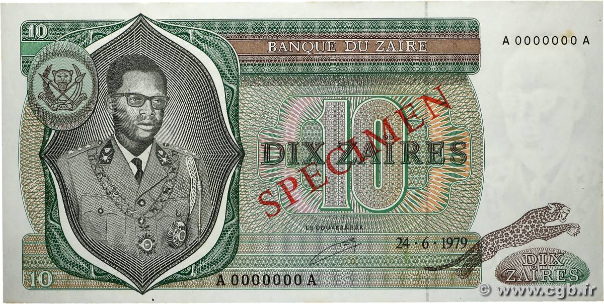10 Zaïres Spécimen ZAÏRE  1979 P.24s pr.NEUF