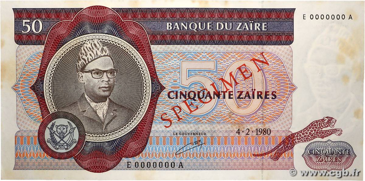 50 Zaïres Spécimen ZAÏRE  1980 P.25s VZ+