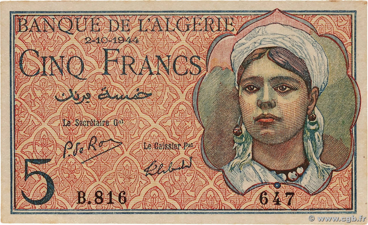 5 Francs ALGERIEN  1944 P.094b fST+