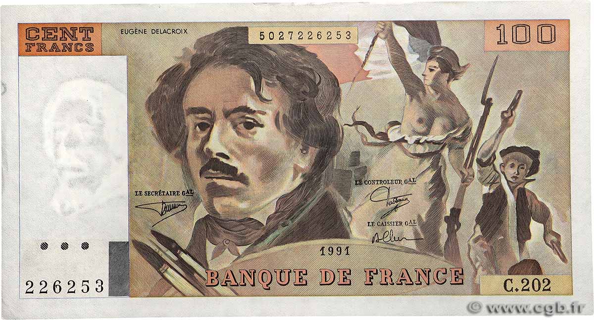 100 Francs DELACROIX imprimé en continu FRANKREICH  1991 F.69bis.03c1 VZ+