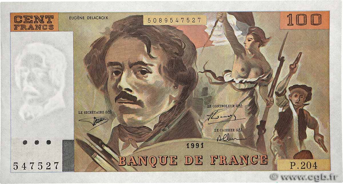 100 Francs DELACROIX imprimé en continu FRANCE  1991 F.69bis.04b pr.NEUF