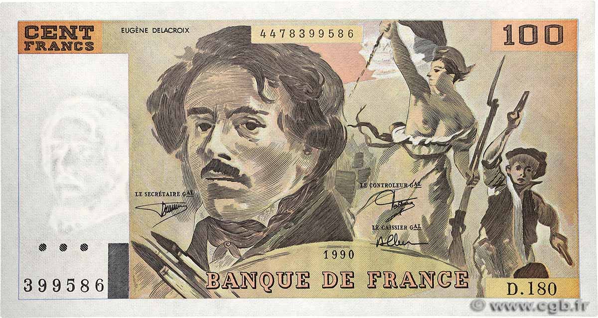 100 Francs DELACROIX imprimé en continu FRANCE  1990 F.69bis.02d UNC-