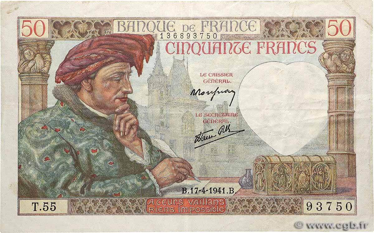 50 Francs JACQUES CŒUR FRANCE  1941 F.19.08 VF