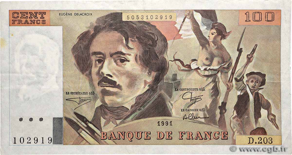 100 Francs DELACROIX imprimé en continu FRANCE  1991 F.69bis.03c2 VF+