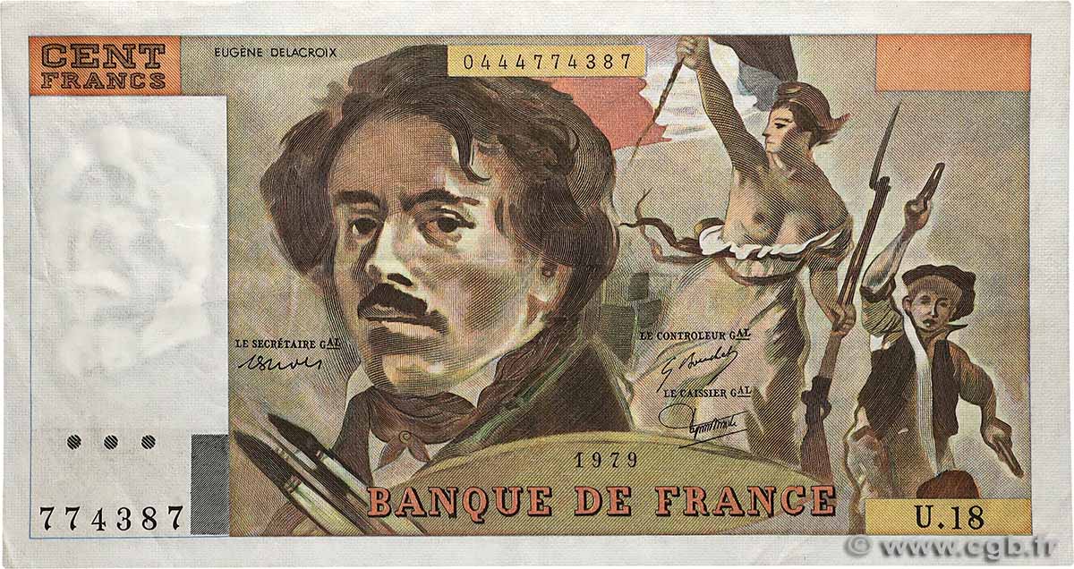100 Francs DELACROIX modifié Fauté FRANCE  1979 F.69.02c VF+