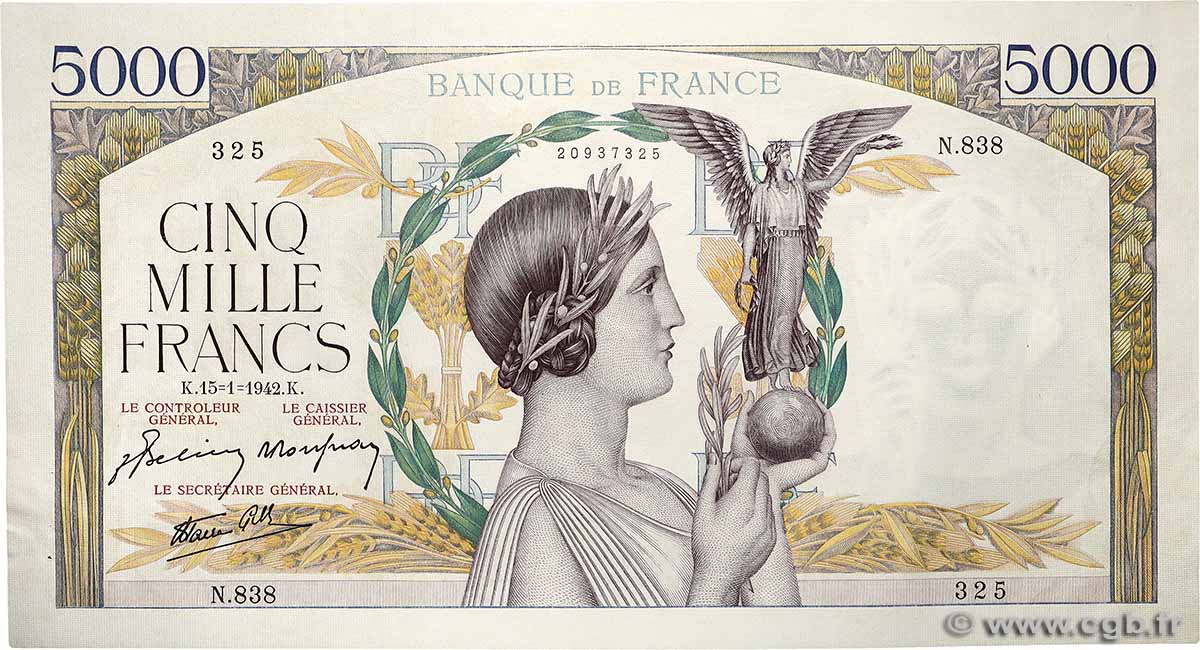 5000 Francs VICTOIRE Impression à plat FRANCE  1942 F.46.33 XF+
