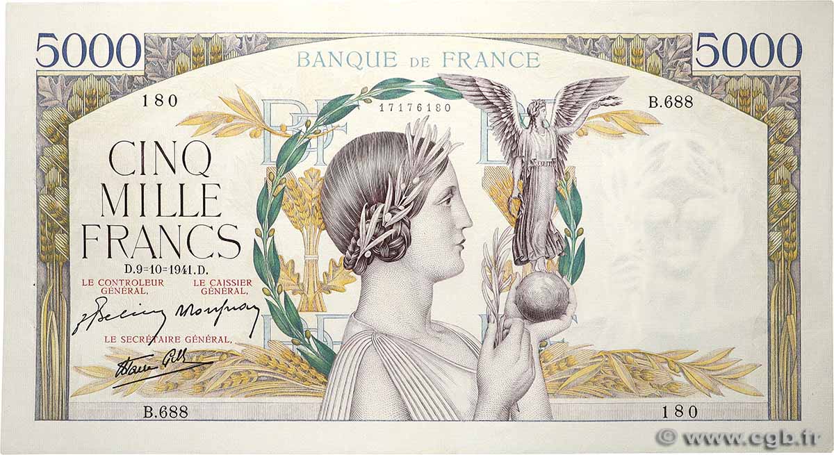 5000 Francs VICTOIRE Impression à plat FRANCE  1941 F.46.27 XF