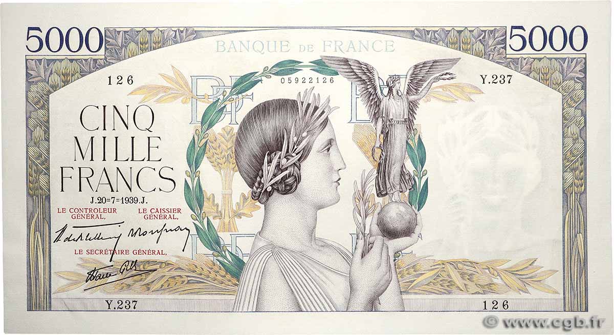 5000 Francs VICTOIRE Impression à plat FRANCE  1939 F.46.08 AU