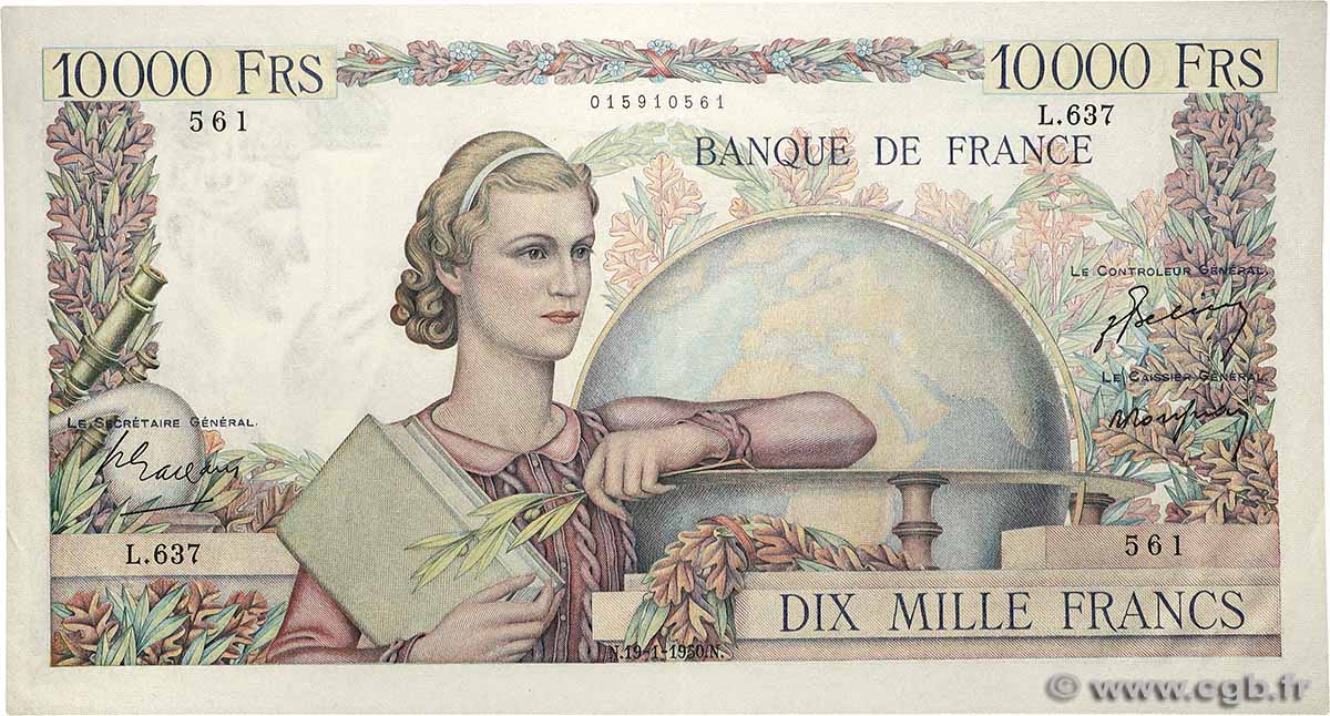 10000 Francs GÉNIE FRANÇAIS FRANKREICH  1950 F.50.27 VZ+