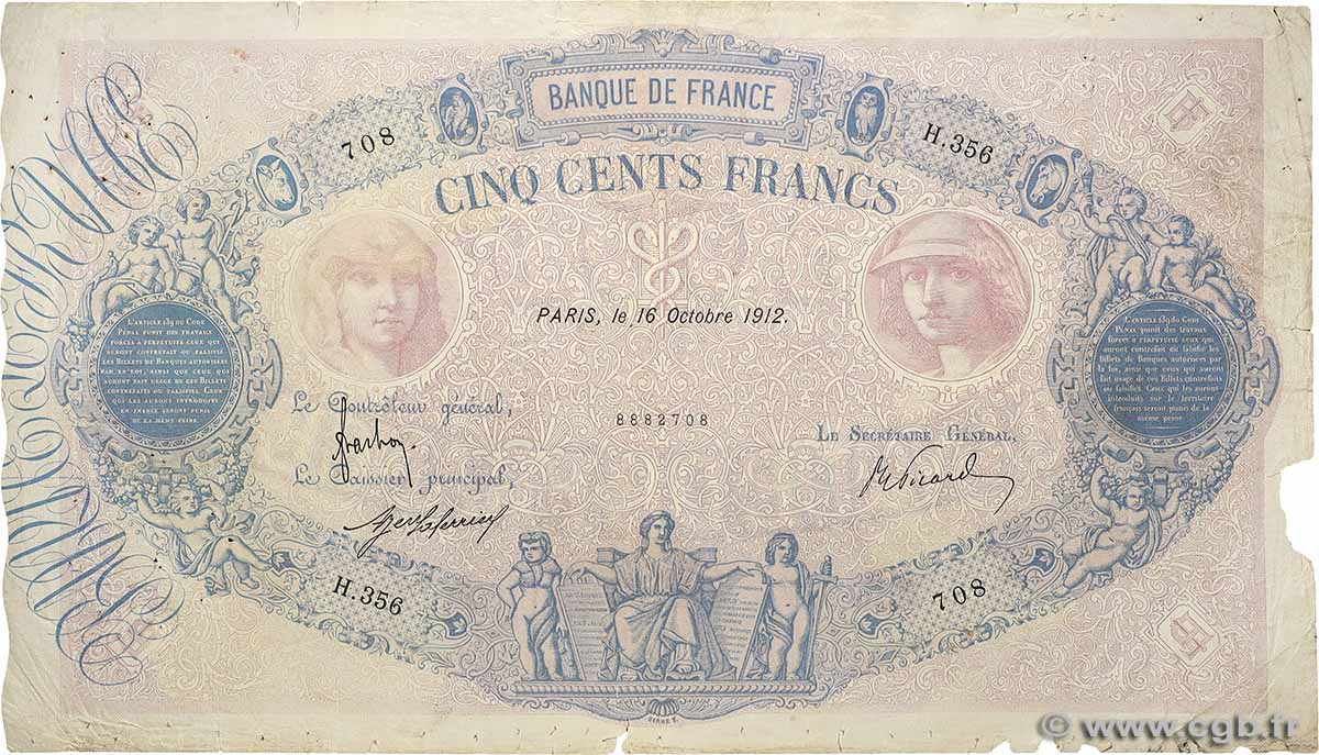 500 Francs BLEU ET ROSE FRANCE  1912 F.30.20 VG