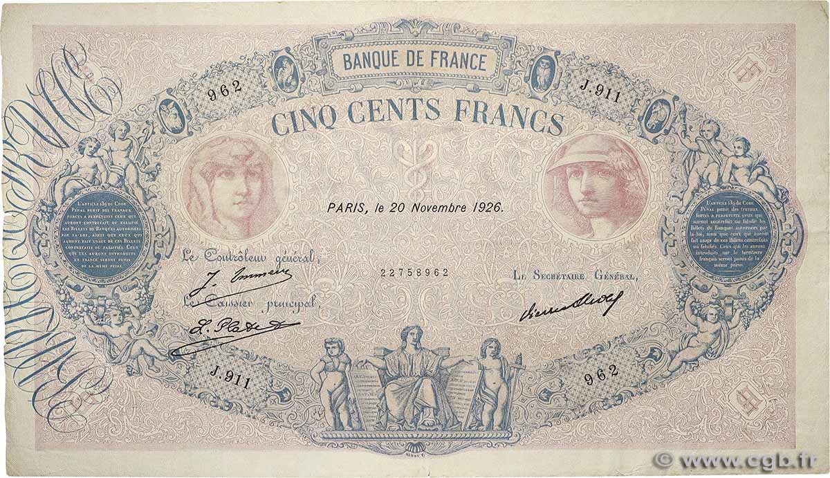 500 Francs BLEU ET ROSE FRANKREICH  1926 F.30.29 fSS