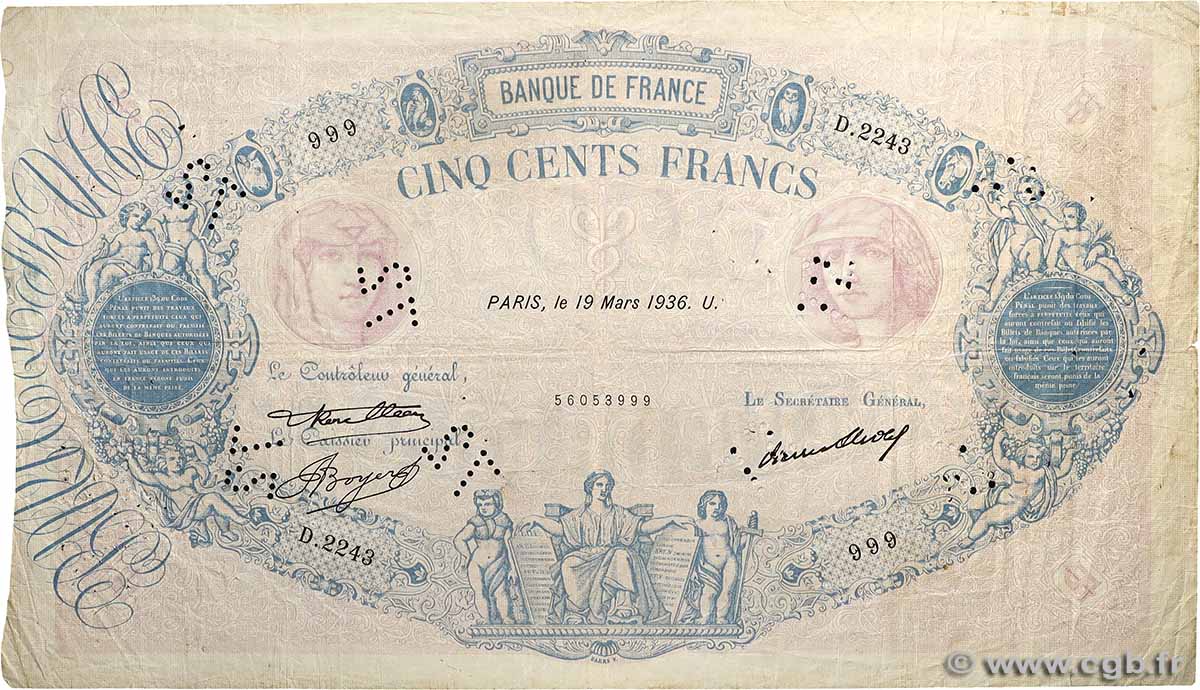 500 Francs BLEU ET ROSE Numéro spécial FRANCE  1936 F.30.37 F