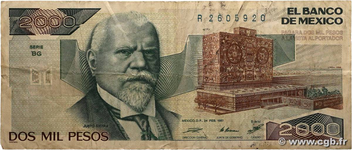 2000 Pesos MEXIQUE  1987 P.086b B+