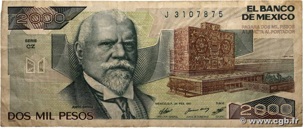 2000 Pesos MEXIQUE  1987 P.086b B+