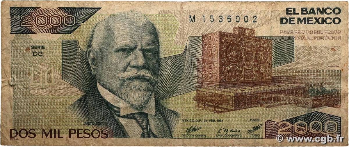 2000 Pesos MEXIQUE  1987 P.086b B+