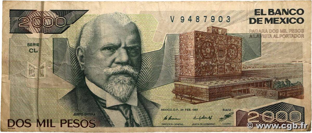 2000 Pesos MEXIQUE  1987 P.086b B+