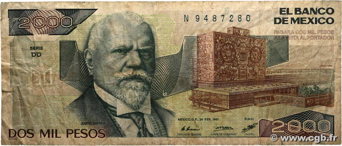 2000 Pesos MEXIQUE  1987 P.086b B+