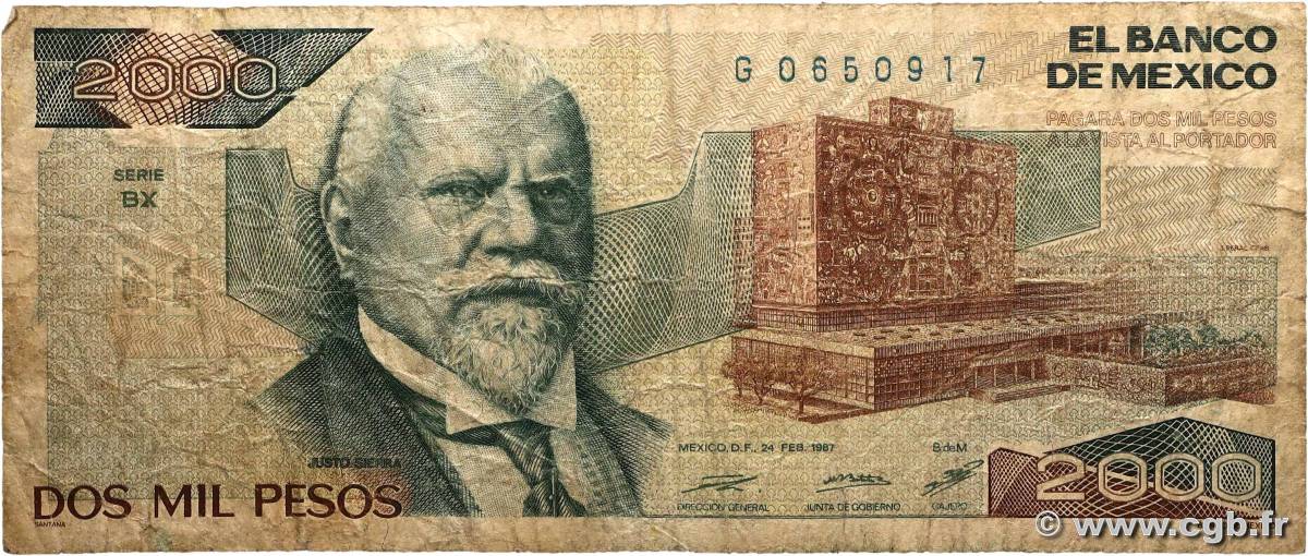 2000 Pesos MEXICO  1987 P.086b fS