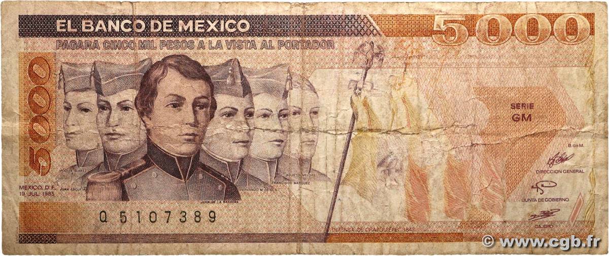 5000 Pesos MEXIQUE  1985 P.088a B+