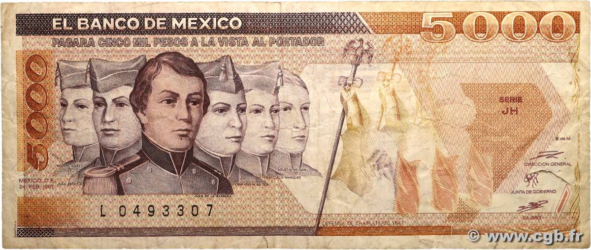 5000 Pesos MEXICO  1987 P.088b VG