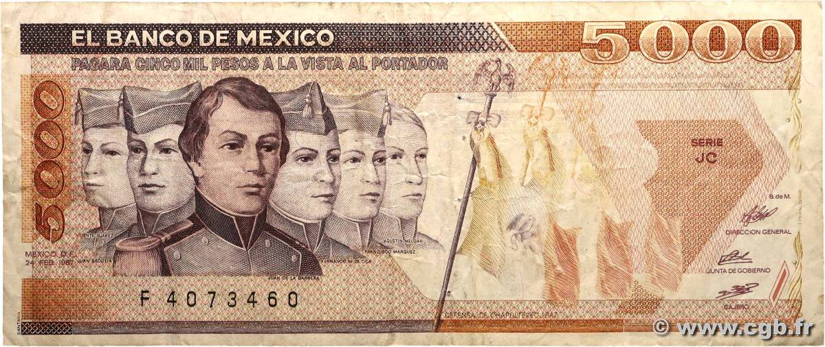 5000 Pesos MEXIQUE  1987 P.088b B+