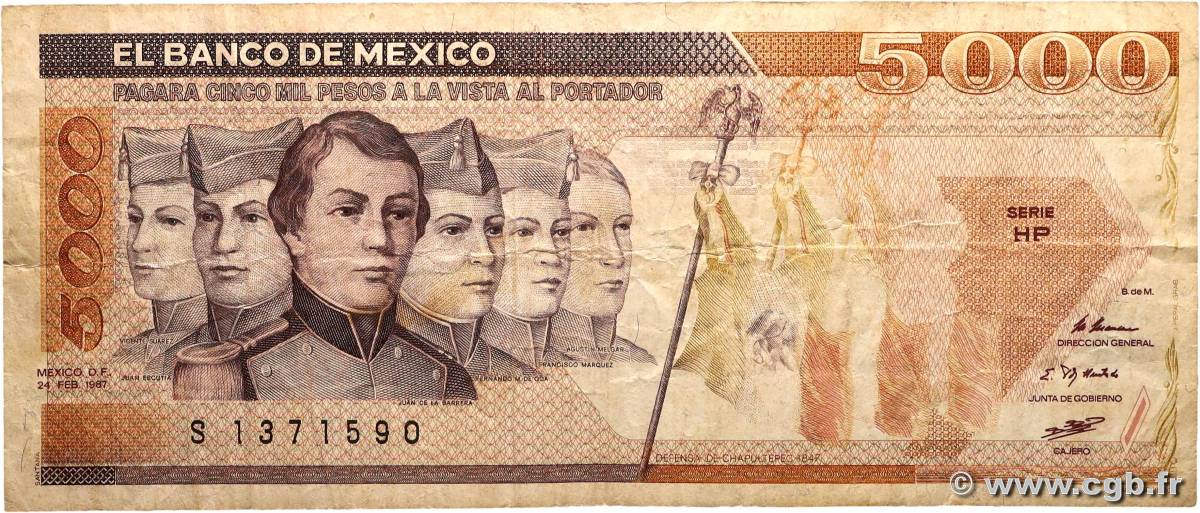 5000 Pesos MEXIQUE  1987 P.088b B+