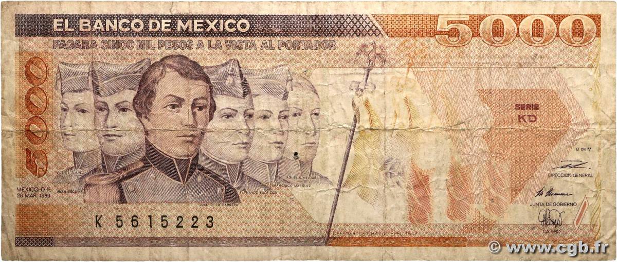 5000 Pesos MEXIQUE  1989 P.088c B+