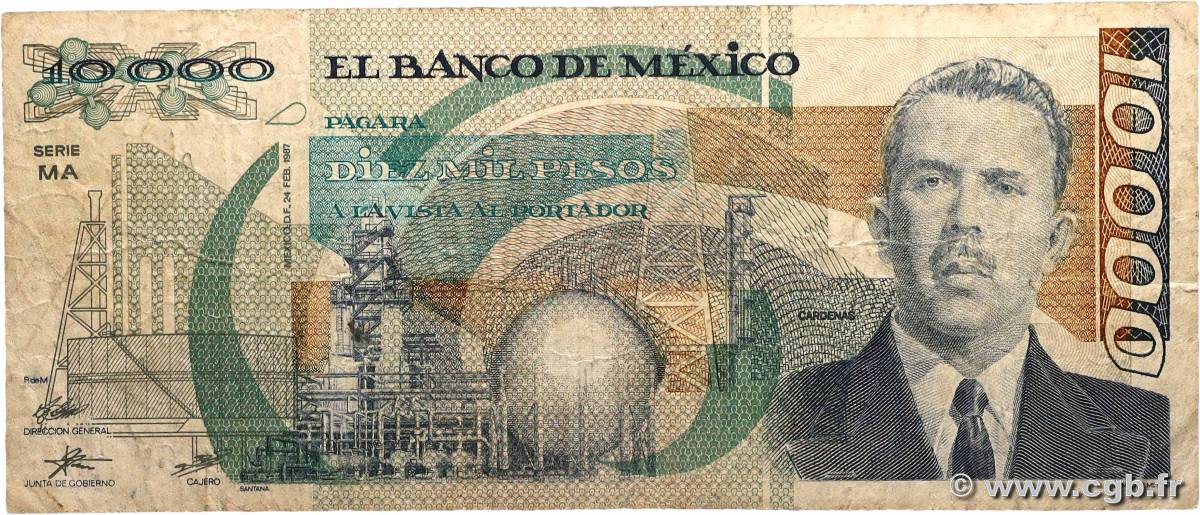 10000 Pesos MEXIQUE  1987 P.090a B+