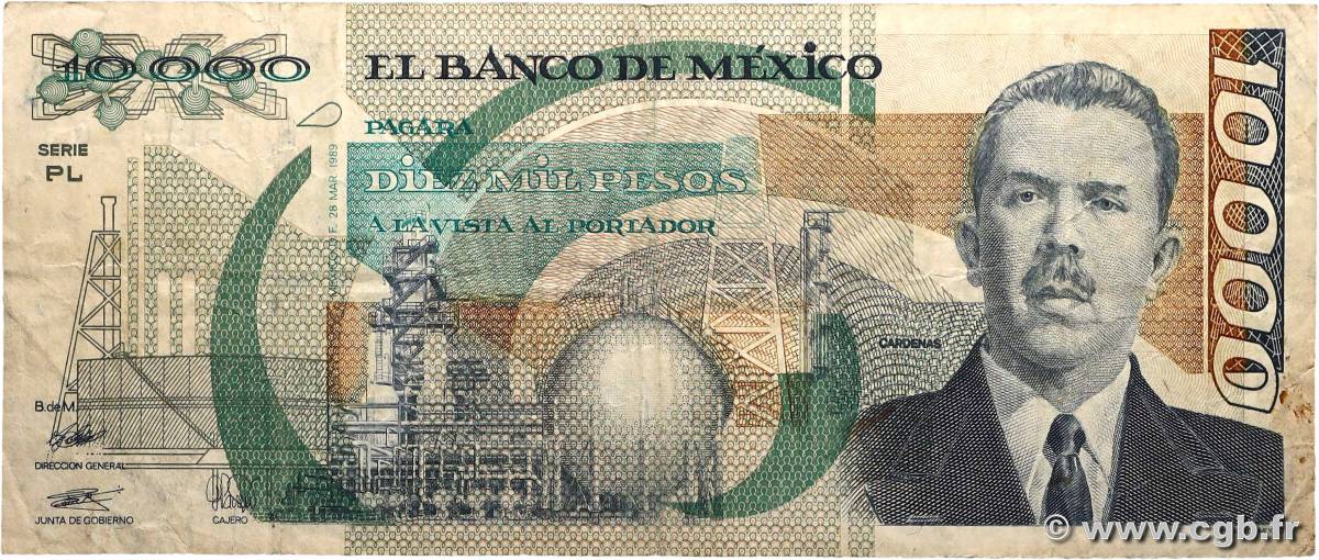 10000 Pesos MEXICO  1989 P.090c F