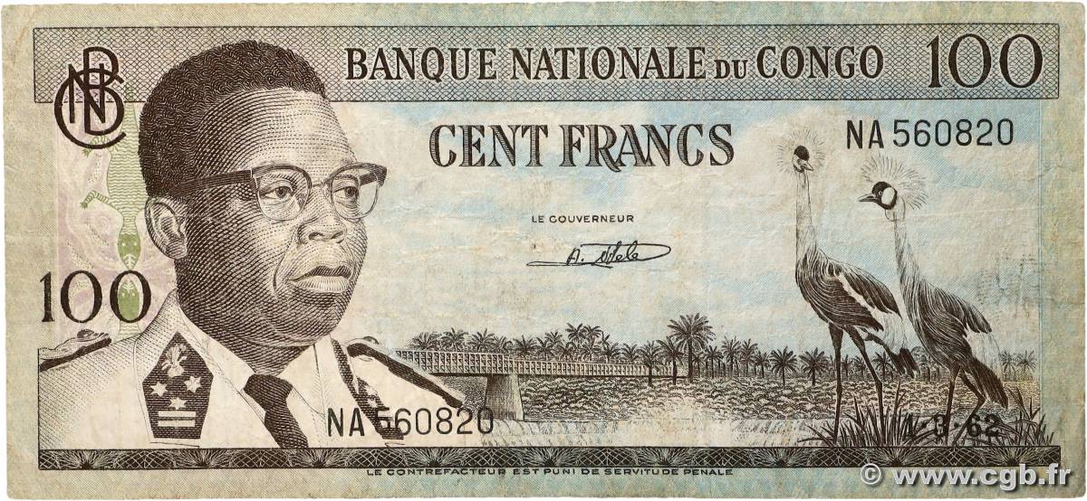 100 Francs RÉPUBLIQUE DÉMOCRATIQUE DU CONGO  1962 P.006a B