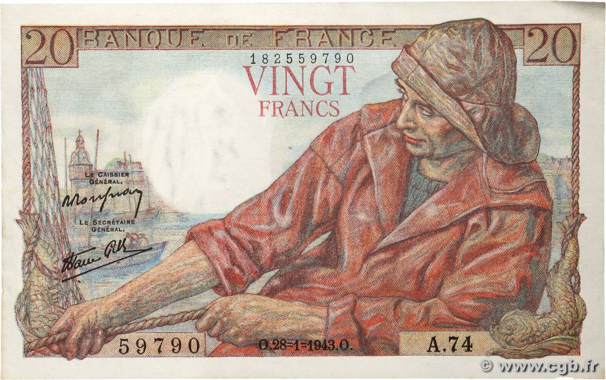 20 Francs PÊCHEUR FRANCIA  1943 F.13.05 SPL