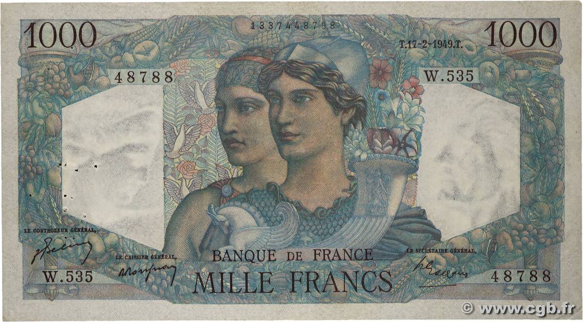 1000 Francs MINERVE ET HERCULE FRANCE  1949 F.41.25 TTB+