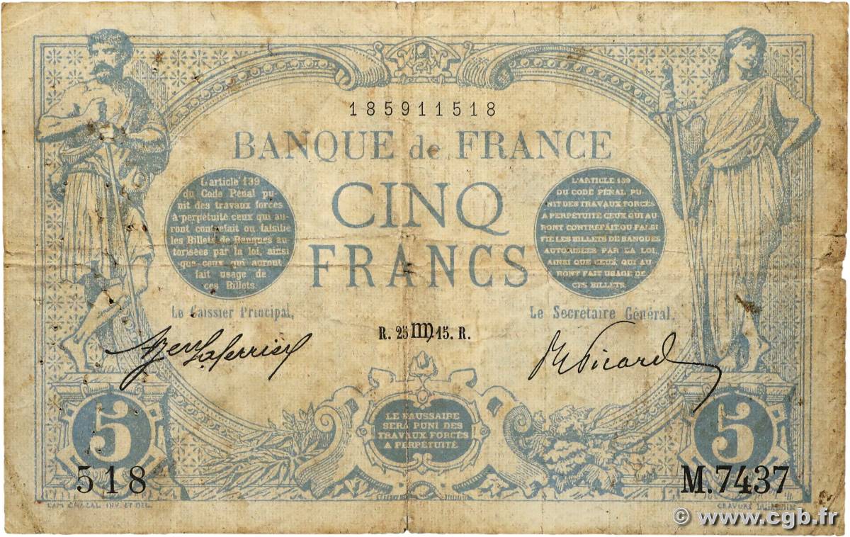 5 Francs BLEU FRANCE  1915 F.02.30 VG