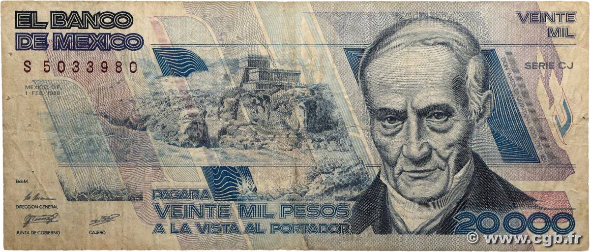 20000 Pesos MEXICO  1988 P.092a VG