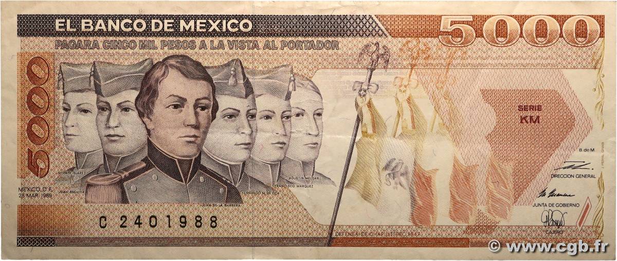 5000 Pesos MEXICO  1989 P.088c SS