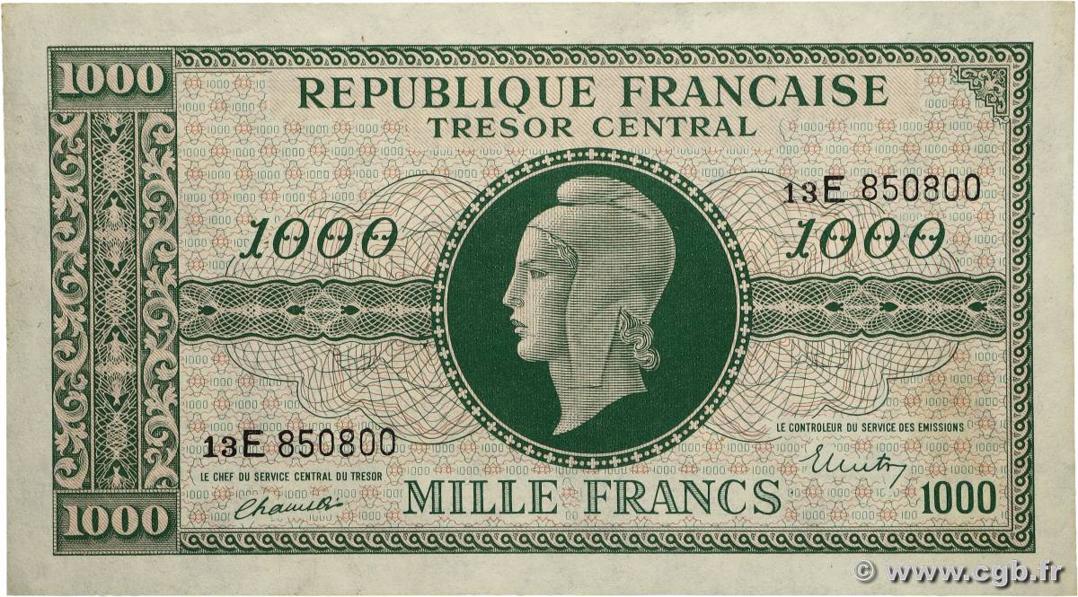 1000 Francs MARIANNE THOMAS DE LA RUE FRANCE  1945 VF.13.02 SPL+