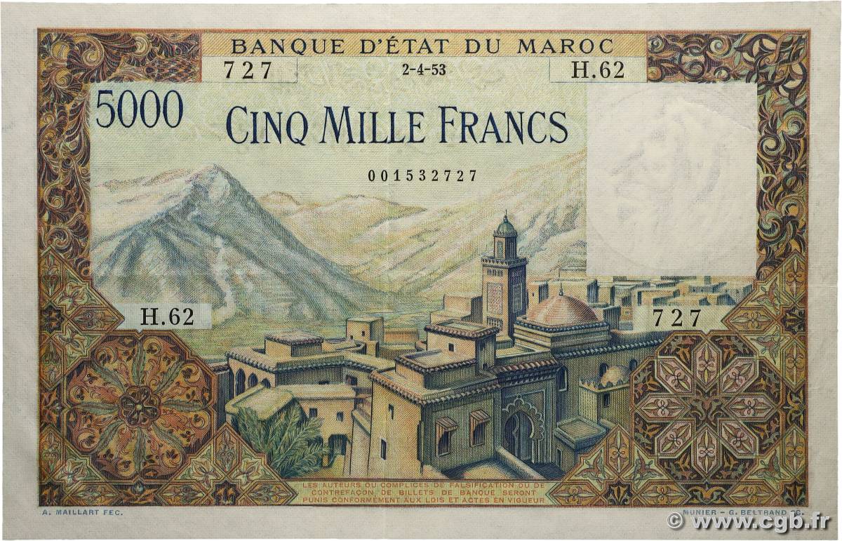 5000 Francs MAROKKO  1953 P.49 VZ