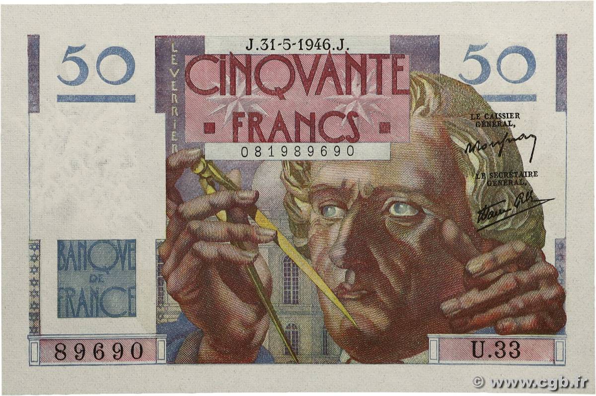 50 Francs LE VERRIER FRANKREICH  1946 F.20.05 fST+