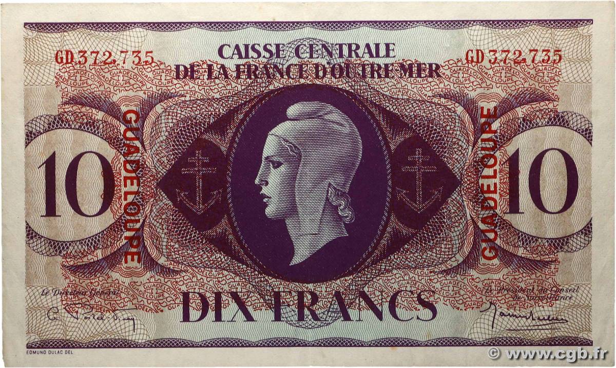 10 Francs Type anglais GUADELOUPE  1944 P.27a q.SPL