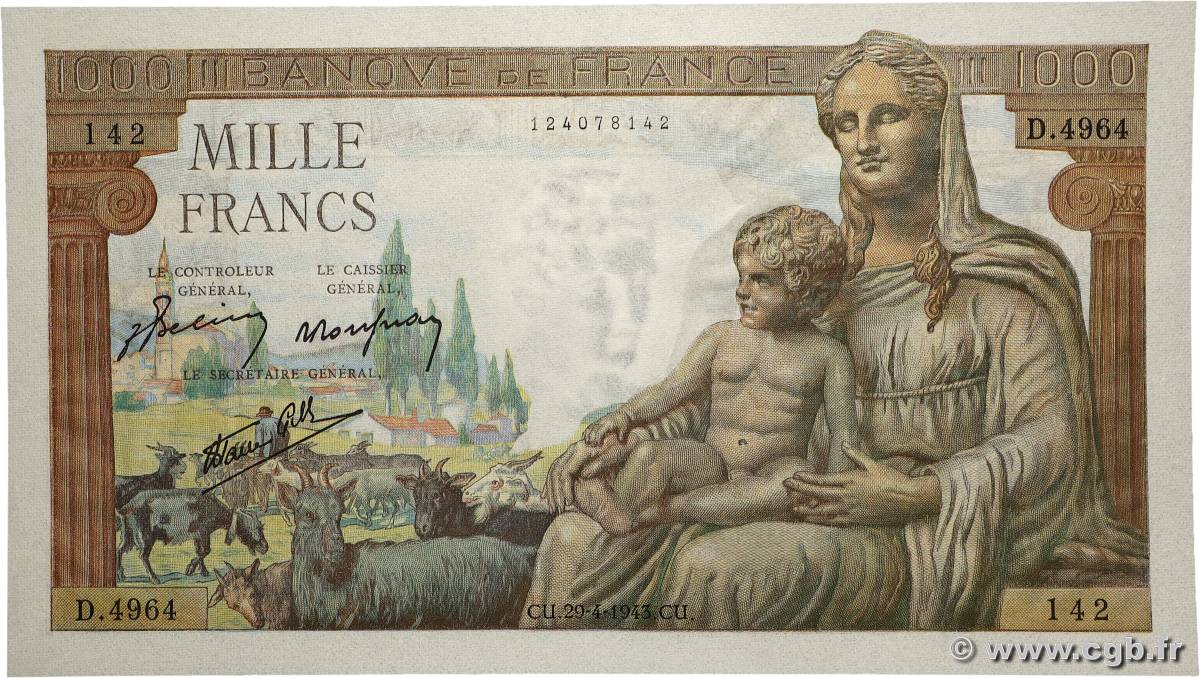 1000 Francs DÉESSE DÉMÉTER FRANKREICH  1943 F.40.22 fST