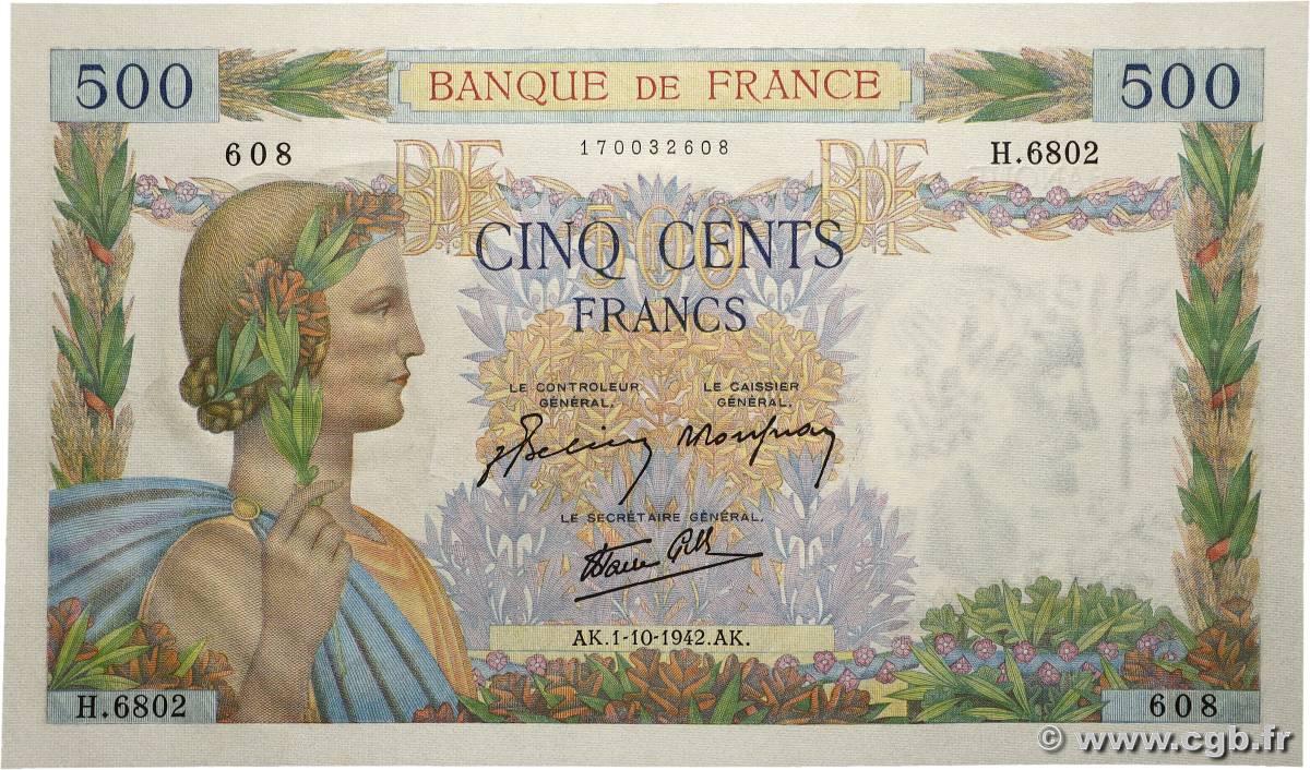 500 Francs LA PAIX FRANKREICH  1942 F.32.41 fST+